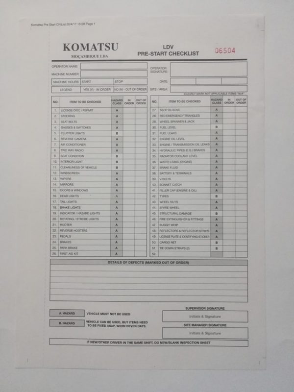 LDV Pre Start Checklist Books - Mozambique